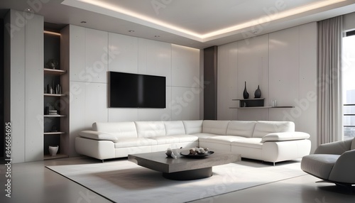 High end modern living room with white leather couch and a large flat screen tv mounted on the wall, brutalist architecture mixed with modern futuristic minimal design