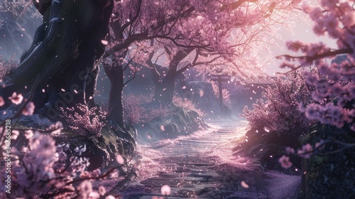 The cherry blossom blooming along the path photo