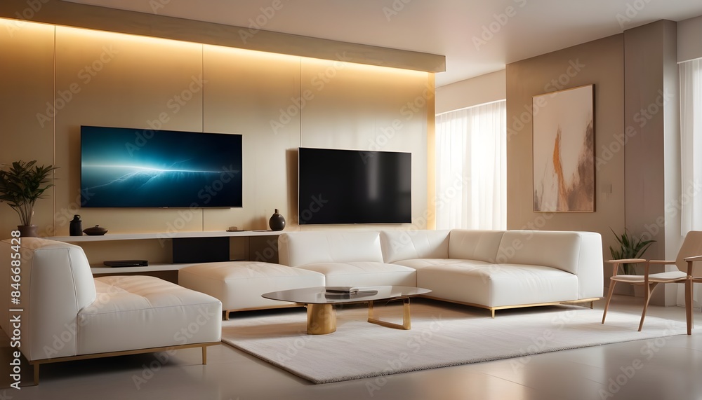 High end modern living room with white leather couch and a large flat screen tv mounted on the wall, brutalist architecture mixed with modern futuristic minimal design High end modern living room with white leather couch and a large flat screen tv mounted on the wall, brutalist architecture mixed with modern futuristic minimal design