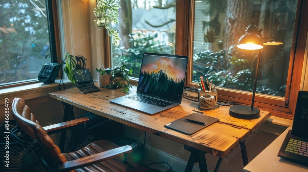 A cozy home office with a wooden desk, laptop, and lamp near a window. A cozy home office with a wooden desk, laptop, and lamp near a window.