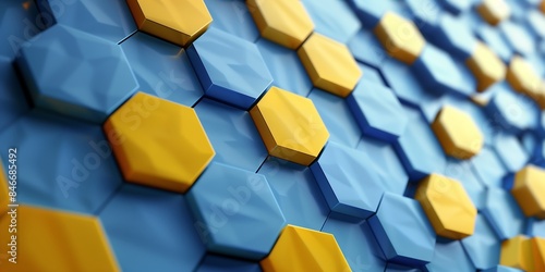 3D render, abstract blue and yellow background with hexagon pattern, wallpaper design concept for technology, sport or gaming in the style of an abstract artist photo