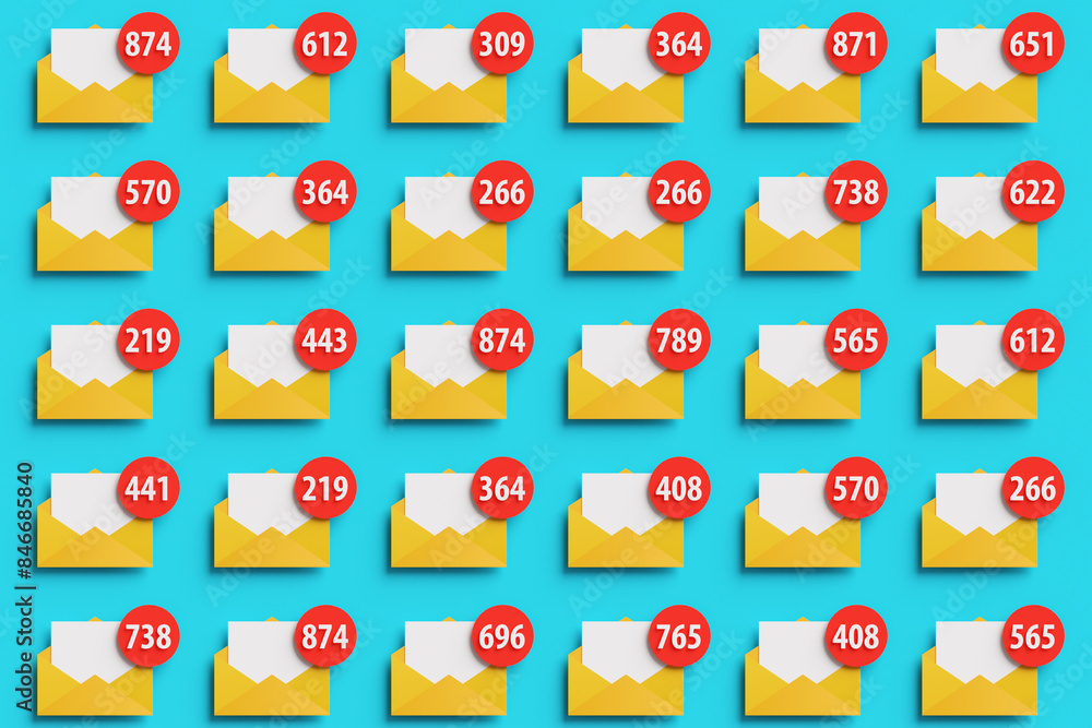 Rows of yellow open envelope icons having white letter and a red circle at top right corners showing a white number of unread emails. Illustration of email spam bombs and junk mails Rows of yellow open envelope icons having white letter and a red circle at top right corners showing a white number of unread emails. Illustration of email spam bombs and junk mails