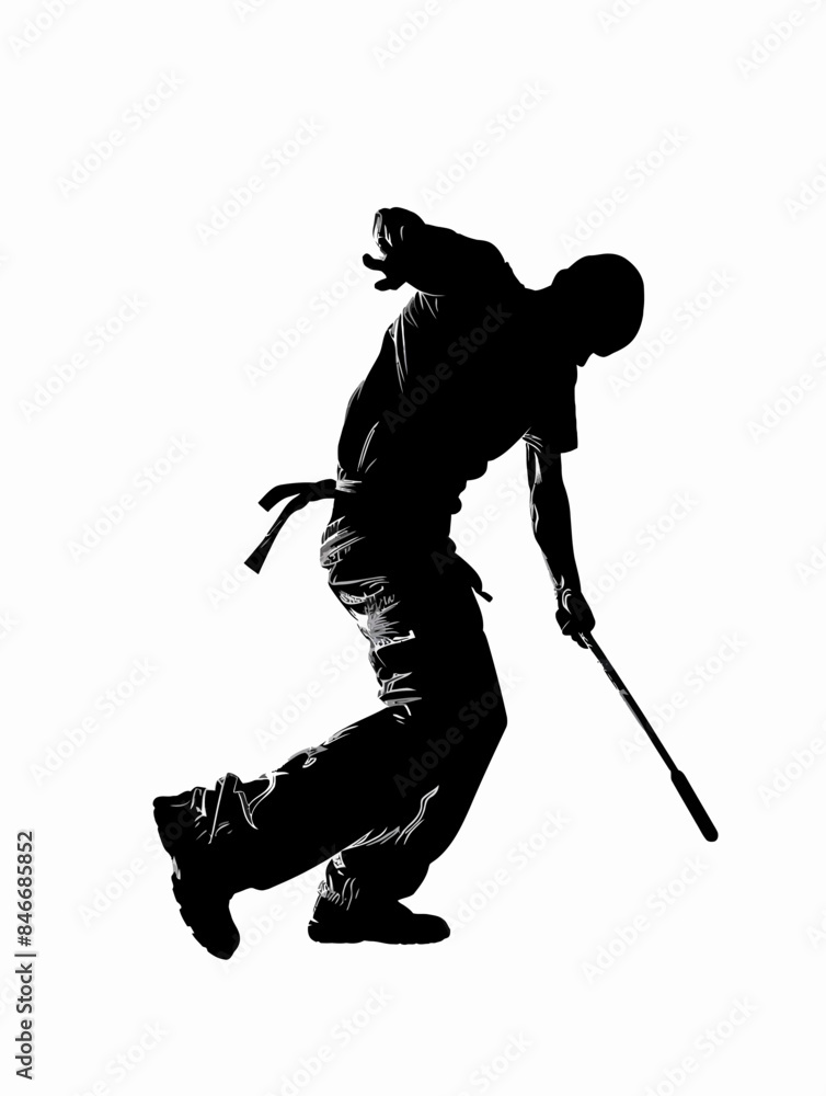 Silhouette Man With Nunchaku Fight Pose Silhouette Man With Nunchaku Fight Pose