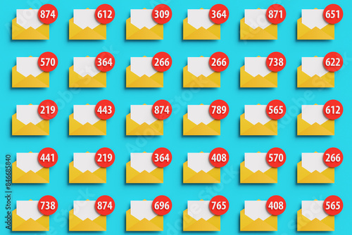 Rows of yellow open envelope icons having white letter and a red circle at top right corners showing a white number of unread emails. Illustration of email spam bombs and junk mails
