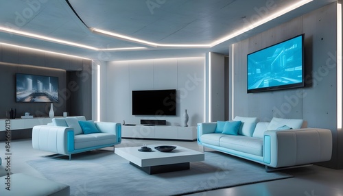 High end modern living room with white leather couch and a large flat screen tv mounted on the wall, brutalist architecture mixed with modern futuristic minimal design