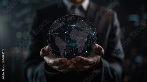 Businessman touching connected world. Internet communication with people social media concept,Businessman holding global network connection on blurred background