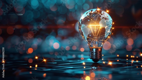 Digital graphic of a light bulb with a globe inside representing global ideas and innovations