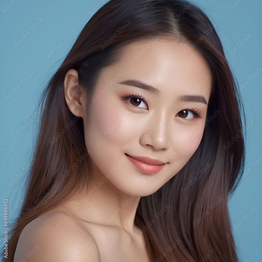 Pretty Asian beauty woman long hair with japanese makeup glowing face and healthy facial skin portrait smile on isolated light blue background Pretty Asian beauty woman long hair with japanese makeup glowing face and healthy facial skin portrait smile on isolated light blue background