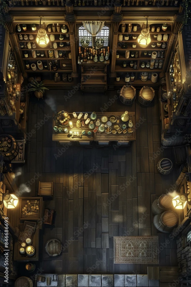 DnD Battlemap Alchemist shop selling mystical elixirs. DnD Battlemap Alchemist shop selling mystical elixirs.
