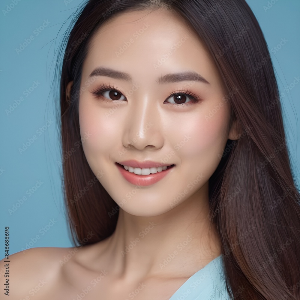 Pretty Asian beauty woman long hair with japanese makeup glowing face and healthy facial skin portrait smile on isolated white background Pretty Asian beauty woman long hair with japanese makeup glowing face and healthy facial skin portrait smile on isolated white background
