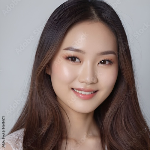 Pretty Asian beauty woman long hair with japanese makeup glowing face and healthy facial skin portrait smile on isolated white background