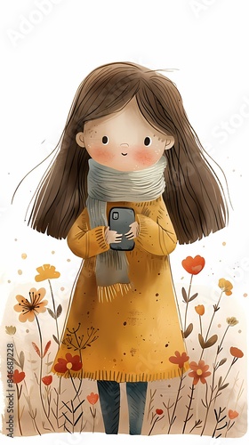 Sweet nursery art watercolor painting wall art for kids, children feature cute little girl wearing winter hat and Scalf with cellphone background, wallpaper photo