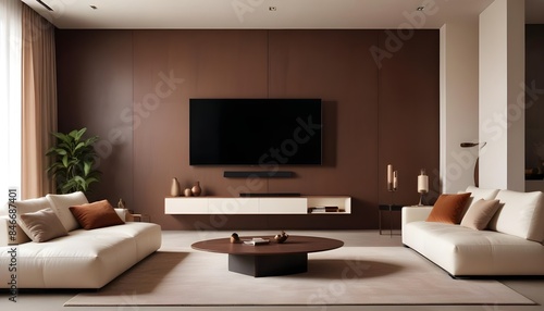 High end modern living room with white leather couch and a large flat screen tv mounted on the wall, brutalist architecture mixed with modern futuristic minimal design