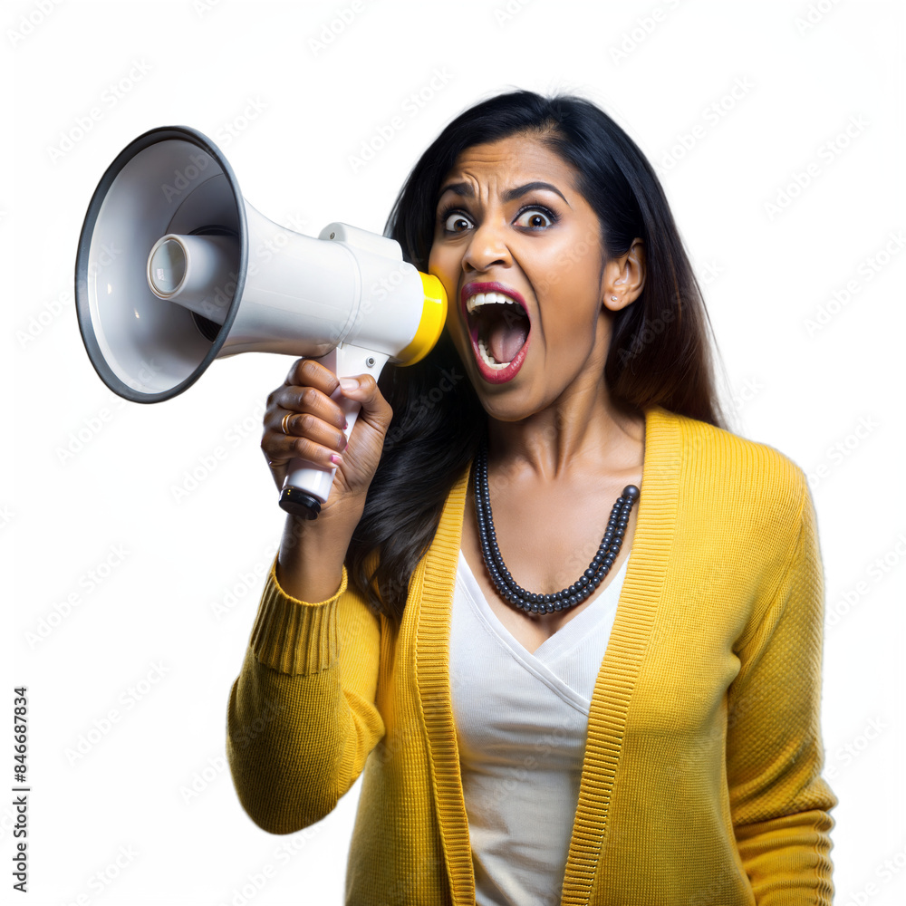 Naklejka premium Woman shouting through megaphone with a passionate expression