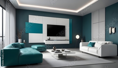 High end modern living room with white leather couch and a large flat screen tv mounted on the wall, brutalist architecture mixed with modern futuristic minimal design