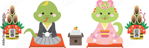 お正月に着物を着た雄と雌のヘビのイラスト