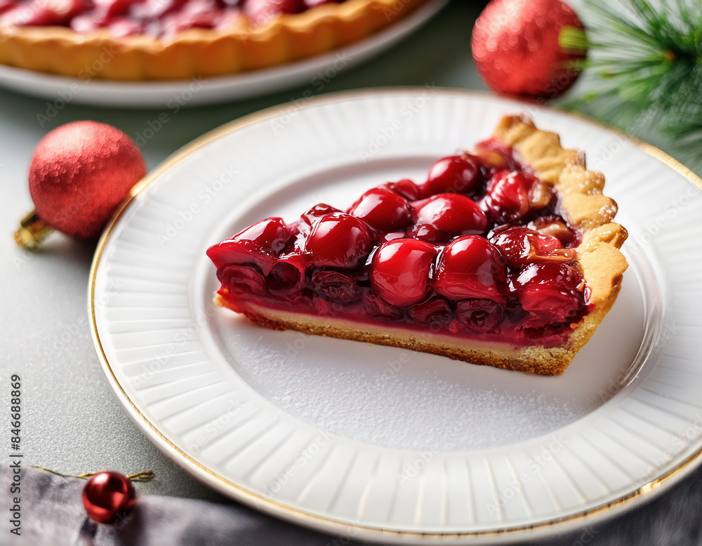A delicious slice of cherry pie on a white plate with christmas ornaments A delicious slice of cherry pie on a white plate with christmas ornaments