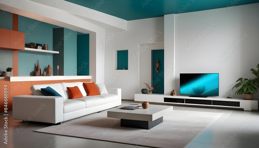 High end modern living room with white leather couch and a large flat screen tv mounted on the wall, brutalist architecture mixed with modern futuristic minimal design High end modern living room with white leather couch and a large flat screen tv mounted on the wall, brutalist architecture mixed with modern futuristic minimal design