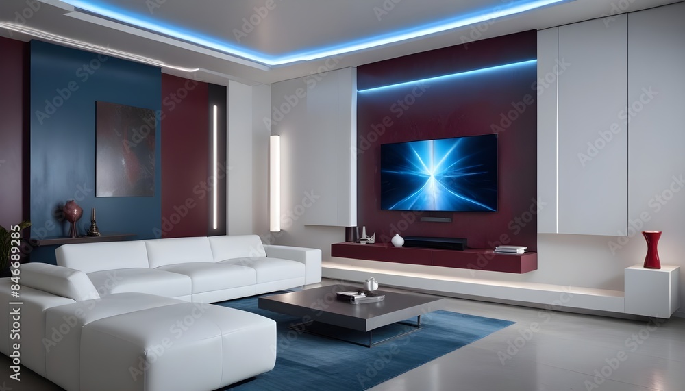 High end modern living room with white leather couch and a large flat screen tv mounted on the wall, brutalist architecture mixed with modern futuristic minimal design High end modern living room with white leather couch and a large flat screen tv mounted on the wall, brutalist architecture mixed with modern futuristic minimal design