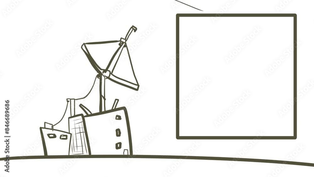 Next to the frame there is a radio telescope or starry sky observation system along with adjacent buildings. A radar or dish antenna sends radio waves into space. Next to the frame there is a radio telescope or starry sky observation system along with adjacent buildings. A radar or dish antenna sends radio waves into space.
