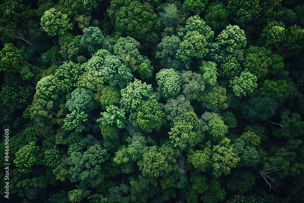Fototapeta premium Aerial view of lush green forest canopy showcasing dense, thriving trees and rich foliage capturing the essence of natural beauty and wilderness.