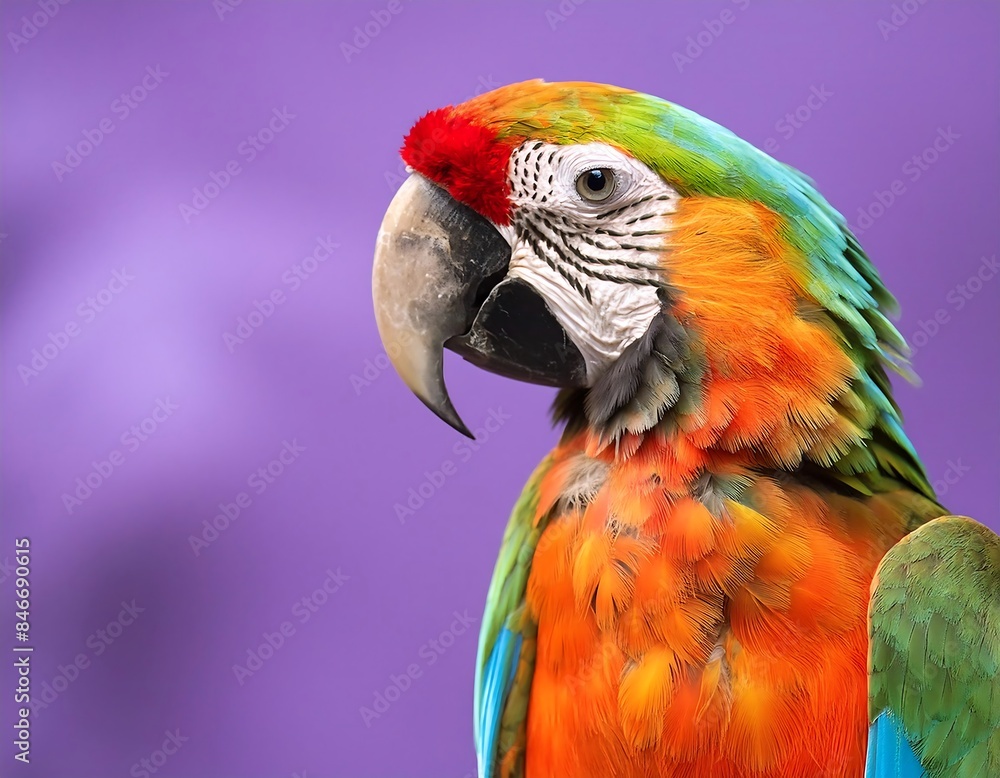 multicolored parrot with a detailed red beak against a soft-focus purple background, embodying the essence of tropical wildlife. multicolored parrot with a detailed red beak against a soft-focus purple background, embodying the essence of tropical wildlife.