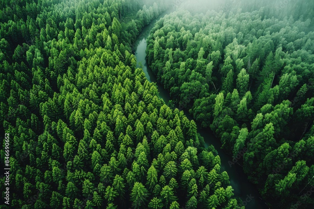 Aerial view of a lush green forest and a winding river, enveloped in mist, showcasing the natural beauty and serene landscape from above. Aerial view of a lush green forest and a winding river, enveloped in mist, showcasing the natural beauty and serene landscape from above.