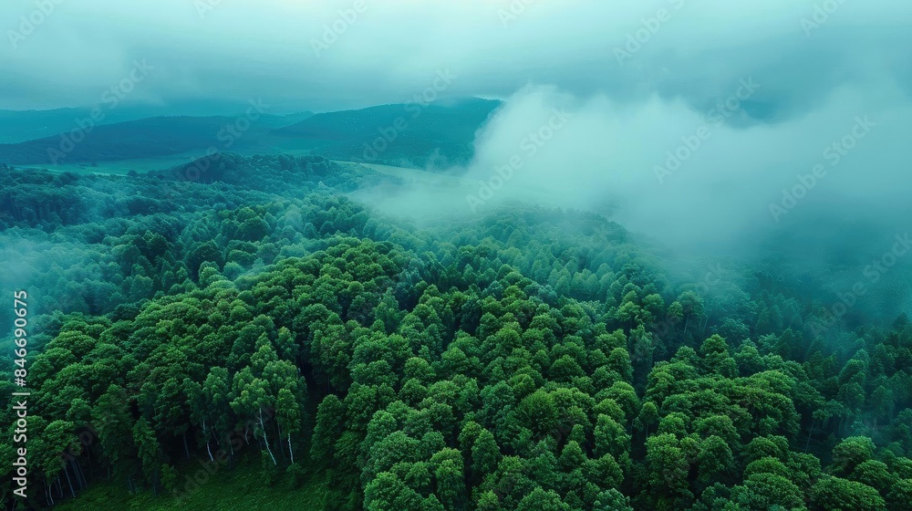 Aerial view of lush green forest covered in mist, depicting serene, natural beauty and tranquility in a landscape enveloped by clouds. Aerial view of lush green forest covered in mist, depicting serene, natural beauty and tranquility in a landscape enveloped by clouds.