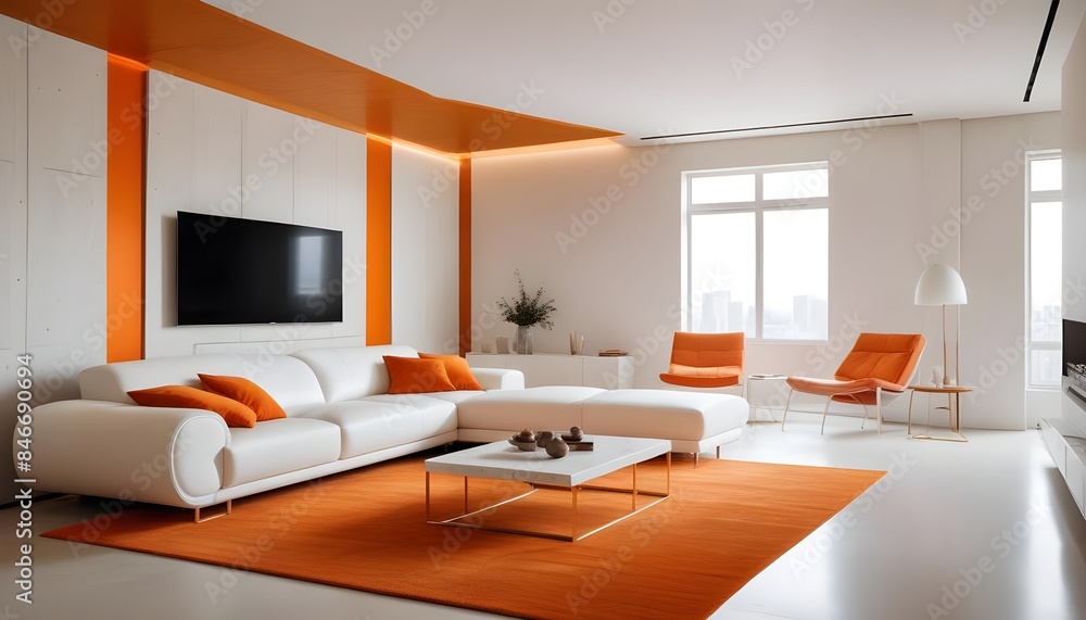 High end modern living room with white leather couch and a large flat screen tv mounted on the wall, brutalist architecture mixed with modern futuristic minimal design High end modern living room with white leather couch and a large flat screen tv mounted on the wall, brutalist architecture mixed with modern futuristic minimal design