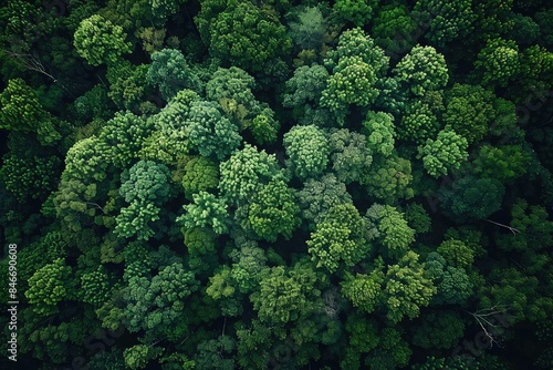 Aerial view of lush green forest canopy showcasing dense, thriving trees and rich foliage capturing the essence of natural beauty and wilderness.
