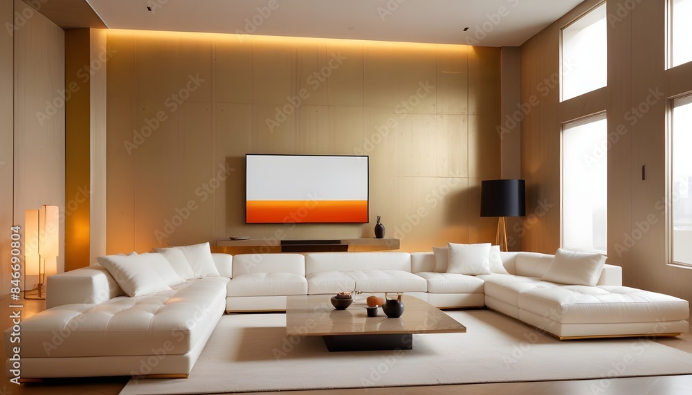 High end modern living room with white leather couch and a large flat screen tv mounted on the wall, brutalist architecture mixed with modern futuristic minimal design High end modern living room with white leather couch and a large flat screen tv mounted on the wall, brutalist architecture mixed with modern futuristic minimal design