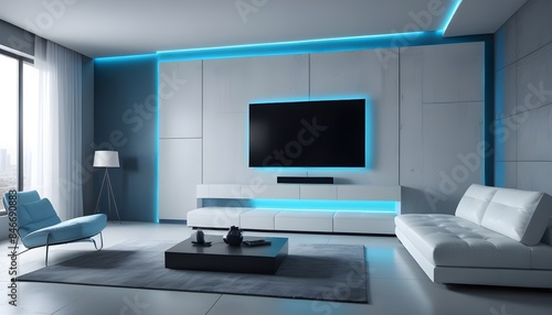 High end modern living room with white leather couch and a large flat screen tv mounted on the wall  brutalist architecture mixed with modern futuristic minimal design