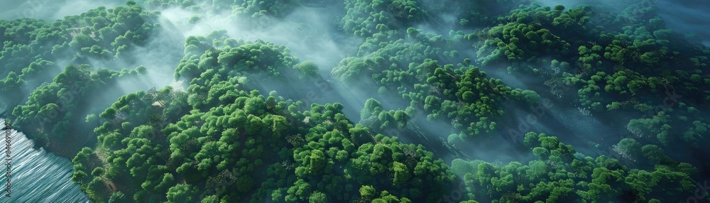 Aerial view of a lush green forest covered in mist with sunlight streaming through trees and a coastline visible on the left. Aerial view of a lush green forest covered in mist with sunlight streaming through trees and a coastline visible on the left.