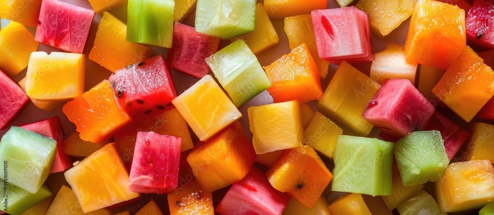 Colorful Fresh Diced Tropical Fruit Cubes in a Geometric Pattern Colorful Fresh Diced Tropical Fruit Cubes in a Geometric Pattern
