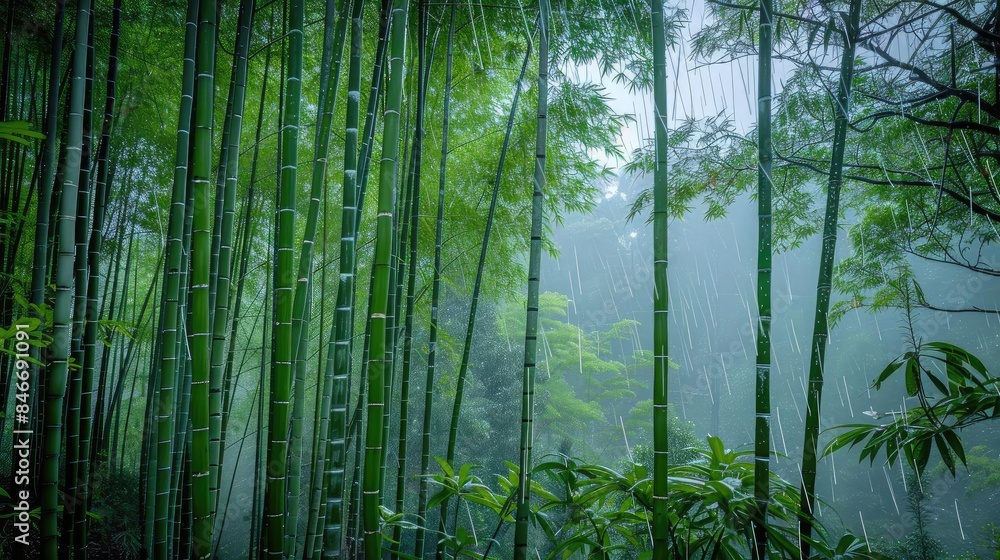 Serene bamboo forest scene with tall green bamboo stalks and lush foliage on a misty day, evoking tranquility and peace. Serene bamboo forest scene with tall green bamboo stalks and lush foliage on a misty day, evoking tranquility and peace.