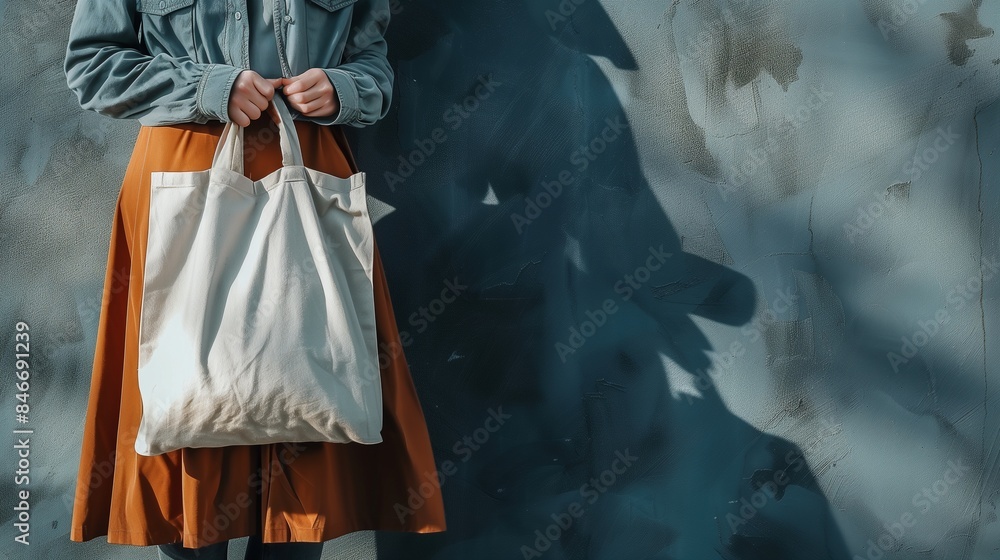 Woman in denim jacket and skirt holds white canvas tote bag mockup. Casual chic against textured blue wall. Totebag template advertising image. Eco friendly mock up product realistic Woman in denim jacket and skirt holds white canvas tote bag mockup. Casual chic against textured blue wall. Totebag template advertising image. Eco friendly mock up product realistic
