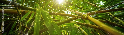 Lush bamboo forest with sunlight streaming through green leaves and tall stalks, creating a serene natural scene perfect for backgrounds.