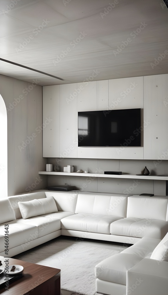 High end modern living room with white leather couch and a large flat screen tv mounted on the wall, brutalist architecture mixed with modern futuristic minimal design High end modern living room with white leather couch and a large flat screen tv mounted on the wall, brutalist architecture mixed with modern futuristic minimal design