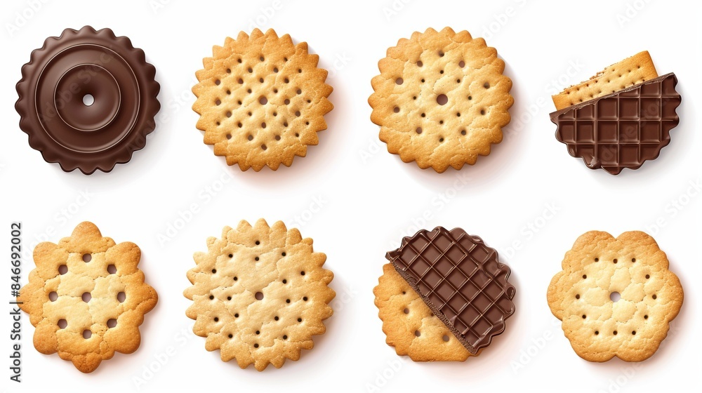 A realistic vector set of crispy cracker cookies isolated on a white background, illustrating salty, chocolate, and sweet biscuits in a top view A realistic vector set of crispy cracker cookies isolated on a white background, illustrating salty, chocolate, and sweet biscuits in a top view