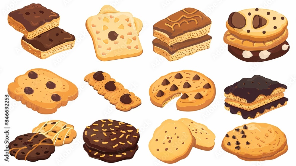 A set of cute cookies featuring a collection of various crackers, snacks, and chocolate chip cookies, illustrated as festive baked goods in a vector format on a white background A set of cute cookies featuring a collection of various crackers, snacks, and chocolate chip cookies, illustrated as festive baked goods in a vector format on a white background