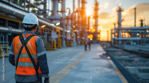 Wallpaper Mural A man in a safety vest stands on a street near a large industrial plant. The sky is orange and the sun is setting Torontodigital.ca