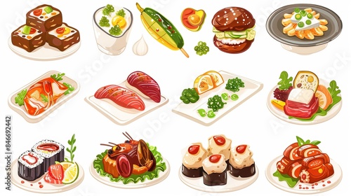A set of different types of food illustrated on a white background