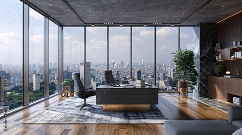 Modern office interior with gray wall, wooden floor and glass walls. Wide angle view of minimalist executive corner desk in modern business agency with cityscape outside window. Photorealistic