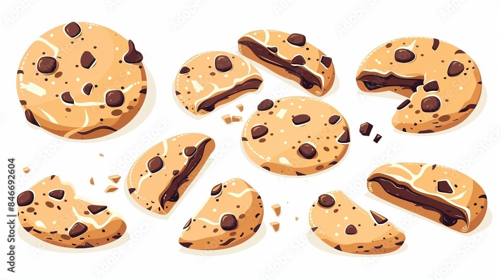 A set of illustrations featuring bitten chocolate cookies in a cartoon flat style, isolated on a white background, showing broken biscuits with crumbs A set of illustrations featuring bitten chocolate cookies in a cartoon flat style, isolated on a white background, showing broken biscuits with crumbs