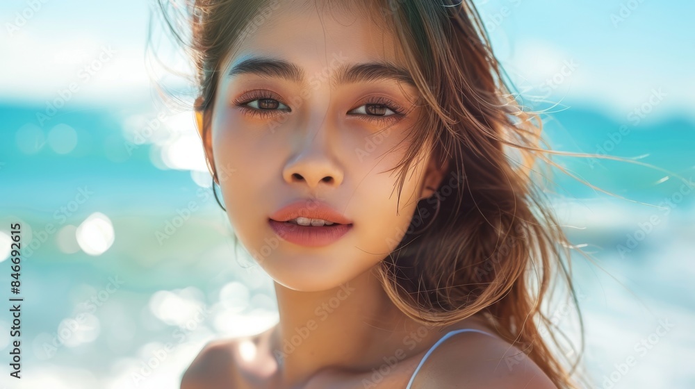 A beautiful Thai woman with luminous, even-toned skin, set against a serene beach background, her face glowing with natural beauty. A beautiful Thai woman with luminous, even-toned skin, set against a serene beach background, her face glowing with natural beauty.