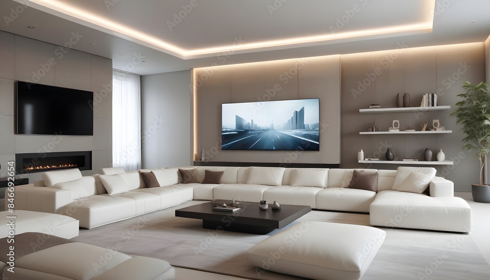 High end modern living room with white leather couch and a large flat screen tv mounted on the wall, brutalist architecture mixed with modern futuristic minimal design High end modern living room with white leather couch and a large flat screen tv mounted on the wall, brutalist architecture mixed with modern futuristic minimal design