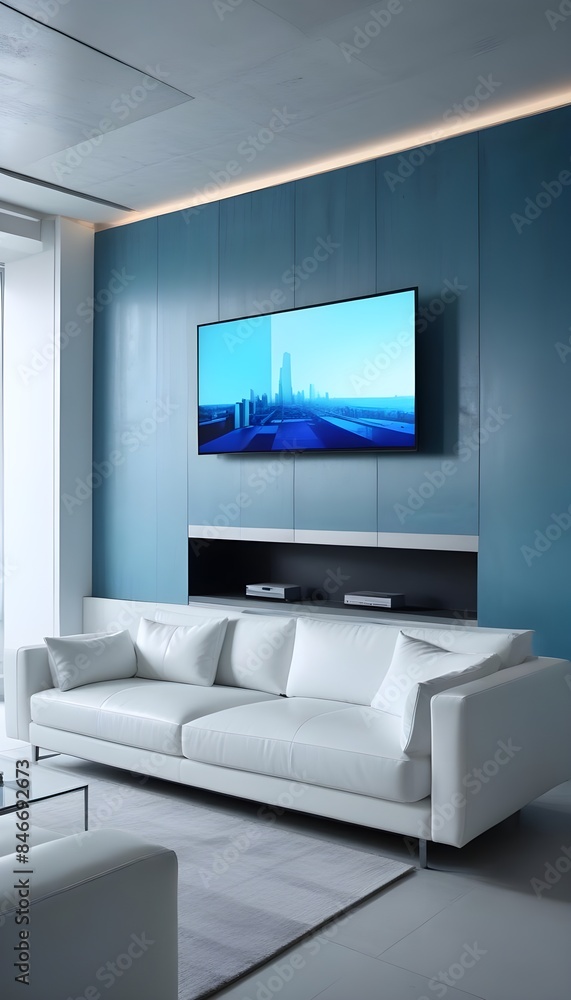High end modern living room with white leather couch and a large flat screen tv mounted on the wall, brutalist architecture mixed with modern futuristic minimal design High end modern living room with white leather couch and a large flat screen tv mounted on the wall, brutalist architecture mixed with modern futuristic minimal design