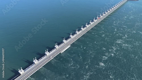 Aerial drone view of storm surge barrier Oosterscheldekering, The Netherlands photo