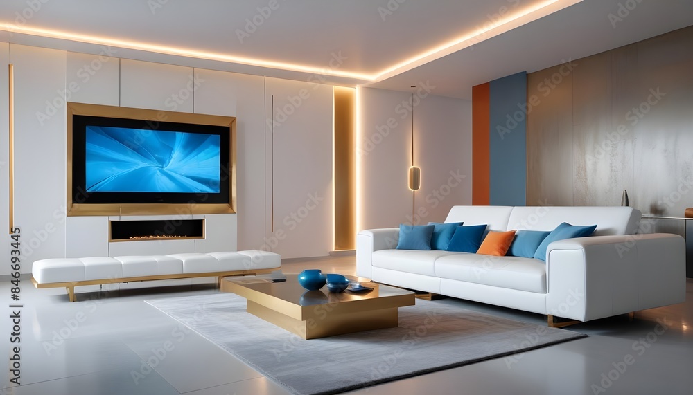 High end modern living room with white leather couch and a large flat screen tv mounted on the wall, brutalist architecture mixed with modern futuristic minimal design High end modern living room with white leather couch and a large flat screen tv mounted on the wall, brutalist architecture mixed with modern futuristic minimal design