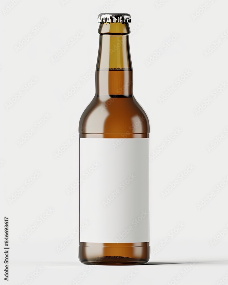 A single glass beer bottle with a blank label stands against a white background A single glass beer bottle with a blank label stands against a white background